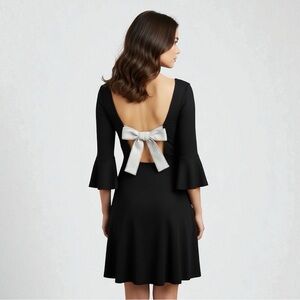 Timing Black Ribbed Knit Mini Bell Sleeve Dress Open Back White Bow NWT Large
